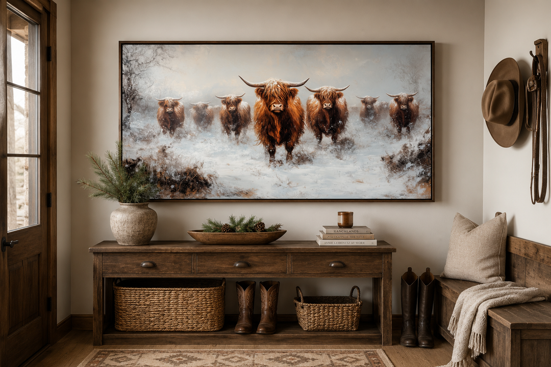 Framed canvas wall art of a herd of Highland cows standing in a snowy field above a wooden console.