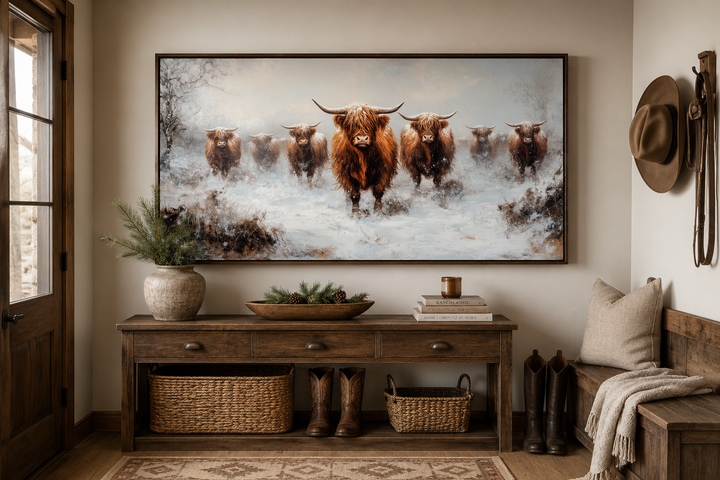 Framed canvas wall art of a herd of Highland cows standing in a snowy field above a wooden console.