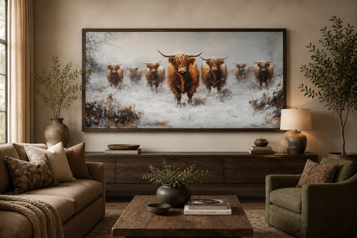 Framed canvas wall art of a herd of Highland cows in a snowy field above a wooden console table.