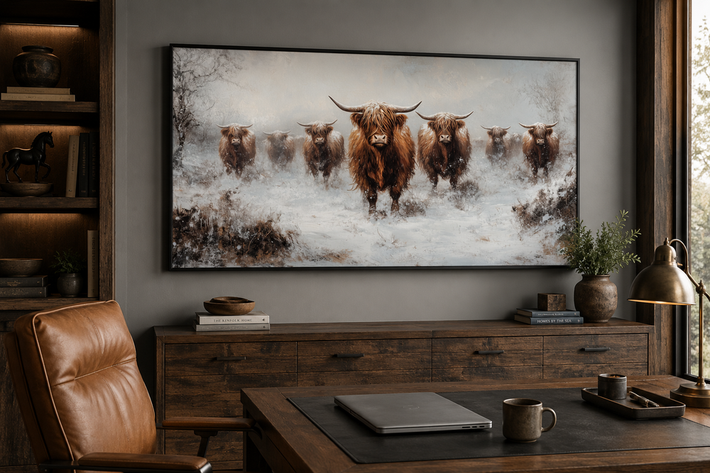 Framed canvas wall art of a herd of Highland cows standing in a snowy field above a wooden desk.