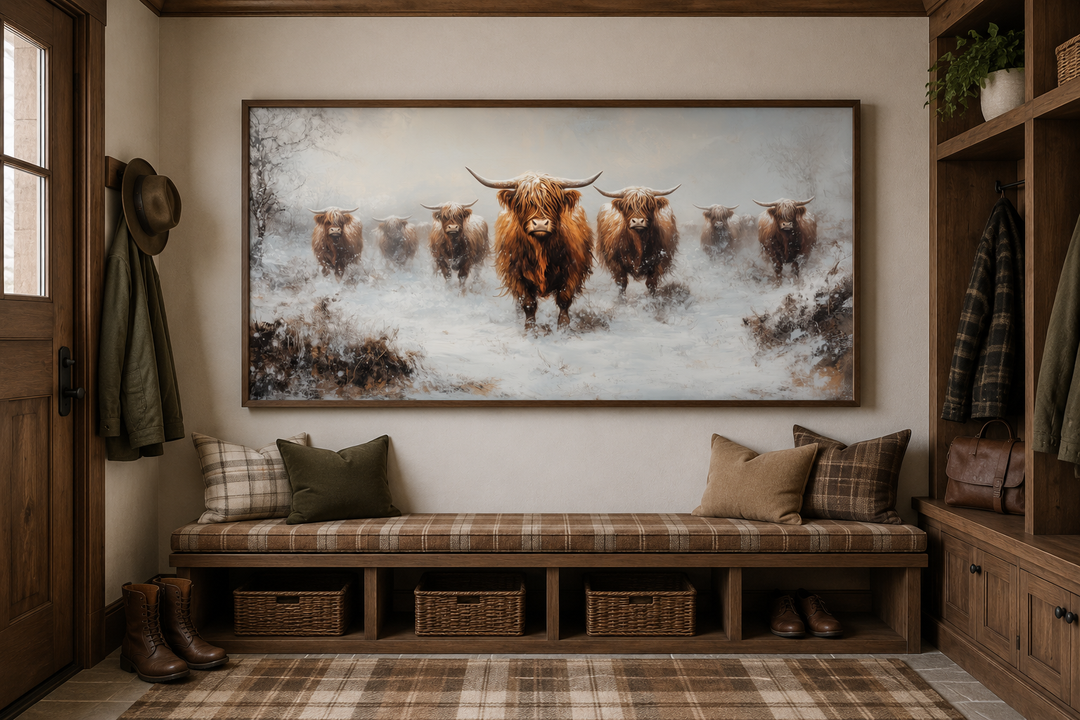 Framed canvas wall art of a herd of Highland cows standing in a snowy field in a rustic entryway.