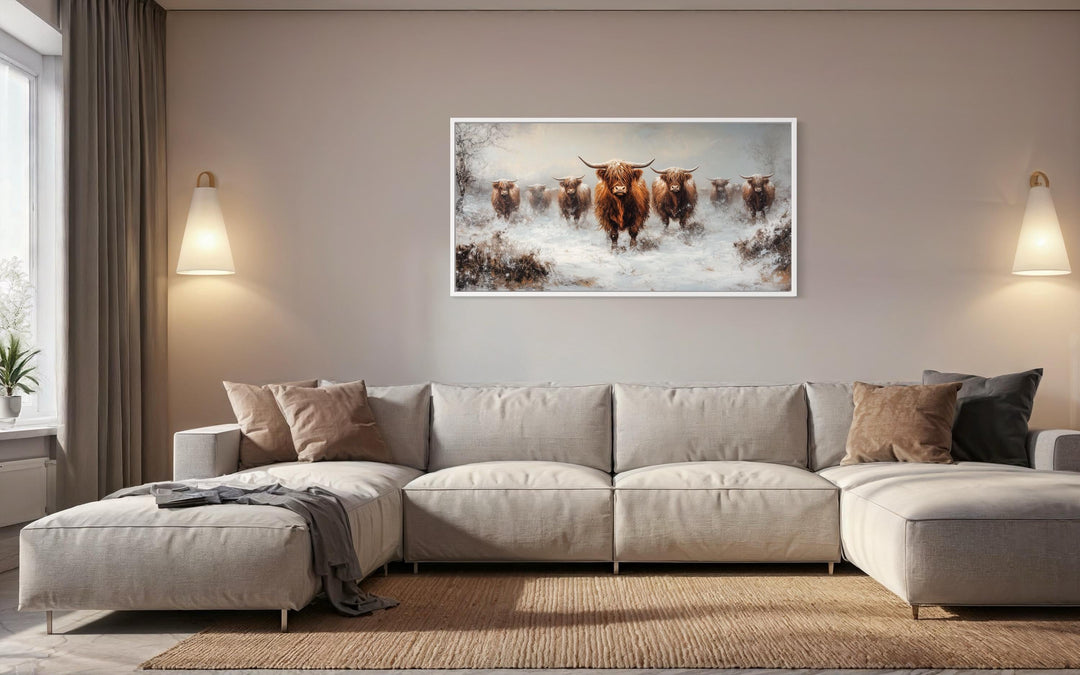 Herd Of Highland Cows In Snow Framed Canvas Wall Art