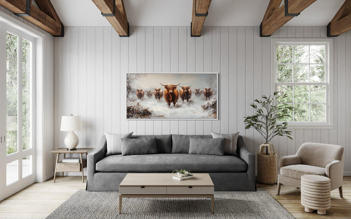 Herd Of Highland Cows In Snow Framed Canvas Wall Art