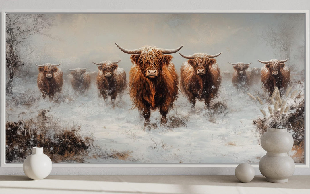 Herd Of Highland Cows In Snow Framed Canvas Wall Art