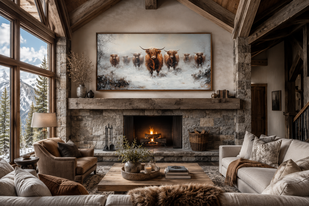 Framed canvas wall art of a herd of Highland cows in a snowy field above a rustic stone fireplace.