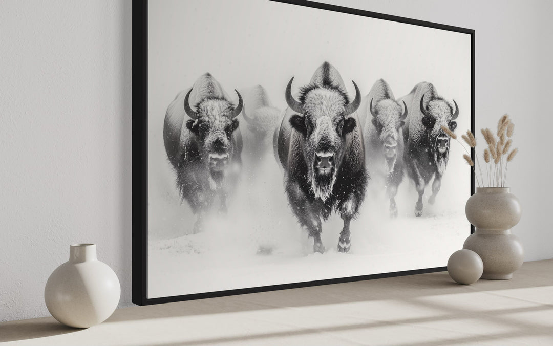 Herd Of Running Bison In Snow Black White Framed Canvas Wall Art