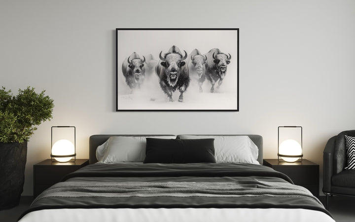 Herd Of Running Bison In Snow Black White Framed Canvas Wall Art