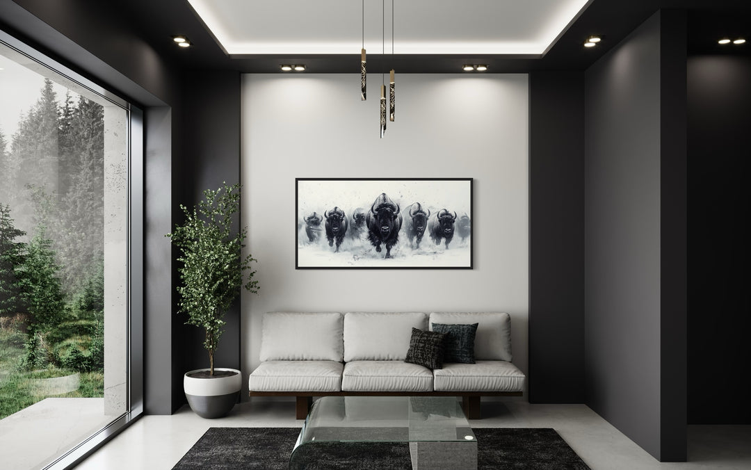 Black and white framed canvas wall art of a herd of bison running through snow in a modern room.