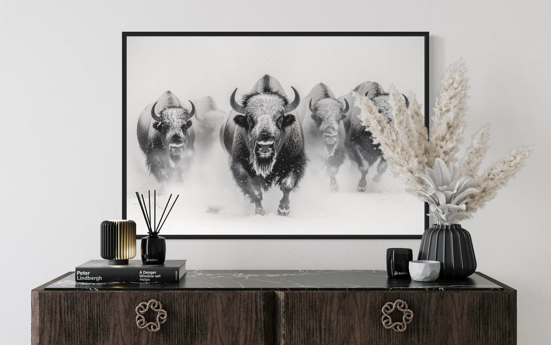 Herd Of Running Bisons In Snow Black White Framed Canvas Wall Art