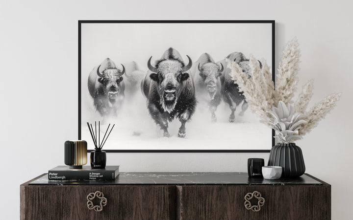 Herd Of Running Bison In Snow Black White Framed Canvas Wall Art