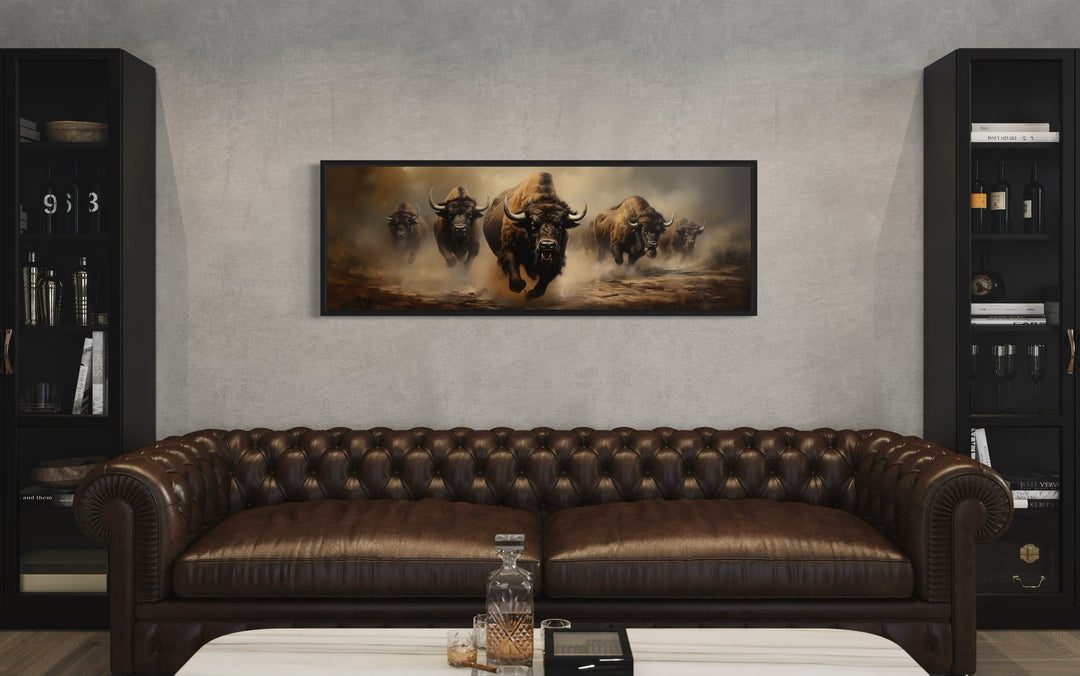 Herd of Running Bison Long Thin Horizontal Framed Canvas Wall Art