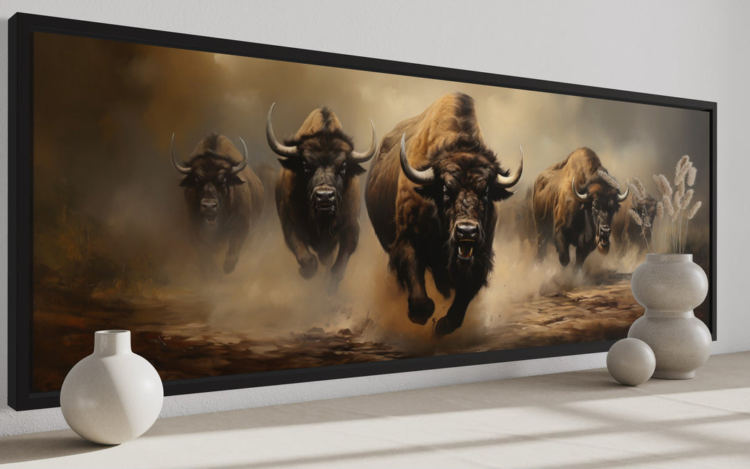 Herd of Running Bison Long Thin Horizontal Framed Canvas Wall Art