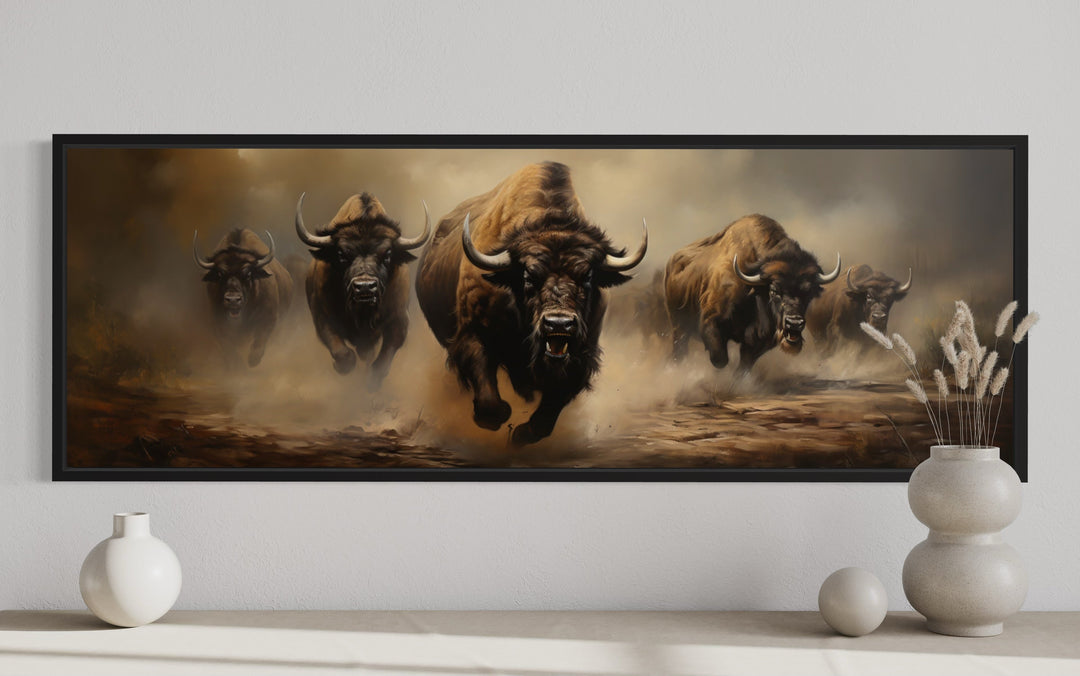 Herd of Running Bison Long Thin Horizontal Framed Canvas Wall Art