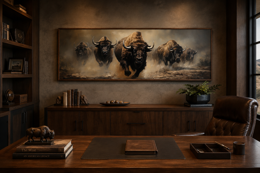 Long thin horizontal framed canvas wall art of a running bison herd in a dark wood office setting.