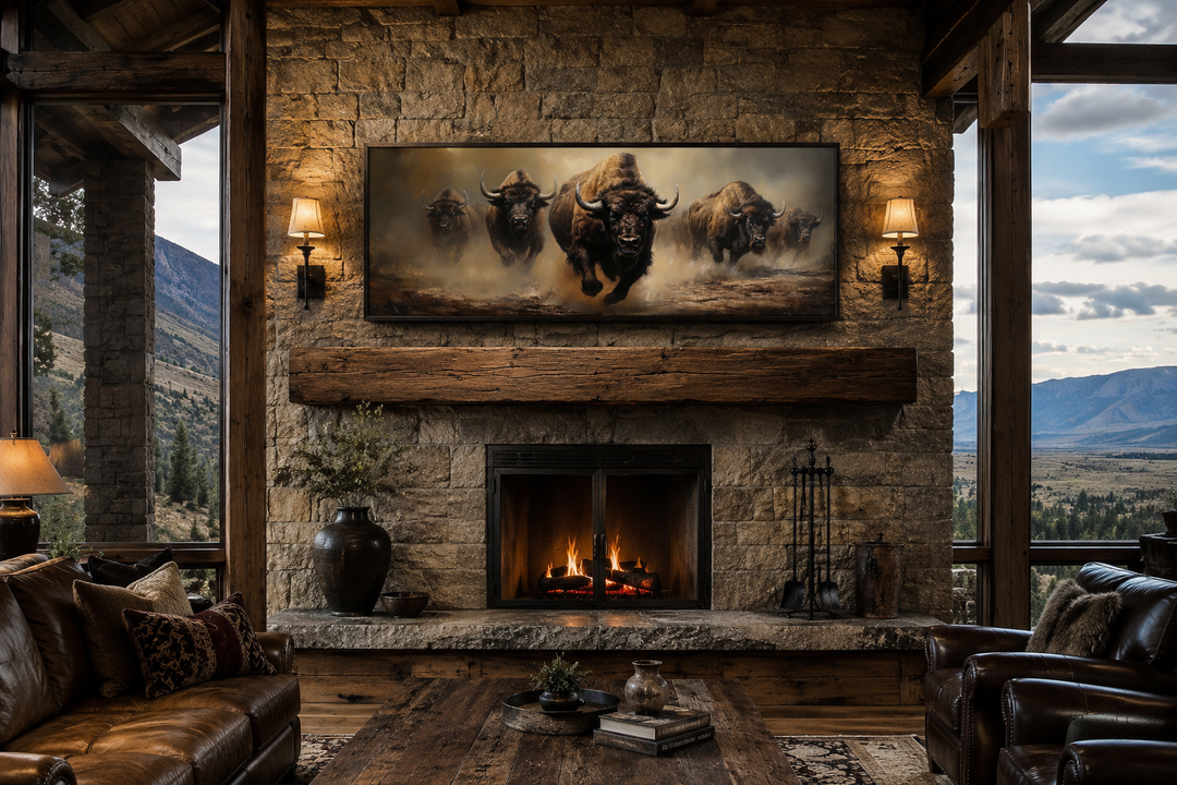Framed horizontal canvas art of a charging bison herd above a rustic stone fireplace mantel.