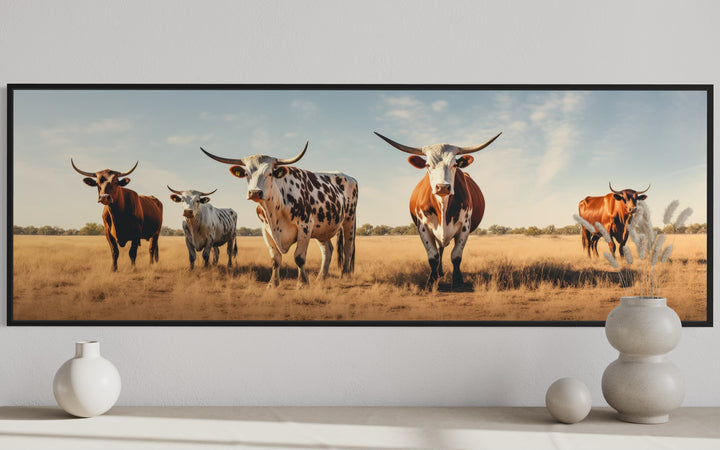 Herd of Texas Longhorn Cows Panoramic Framed Canvas Wall Art