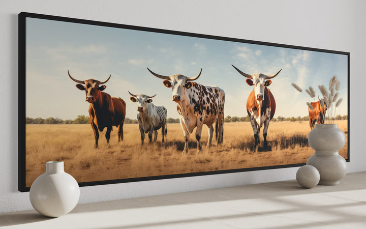Herd of Texas Longhorn Cows Panoramic Framed Canvas Wall Art