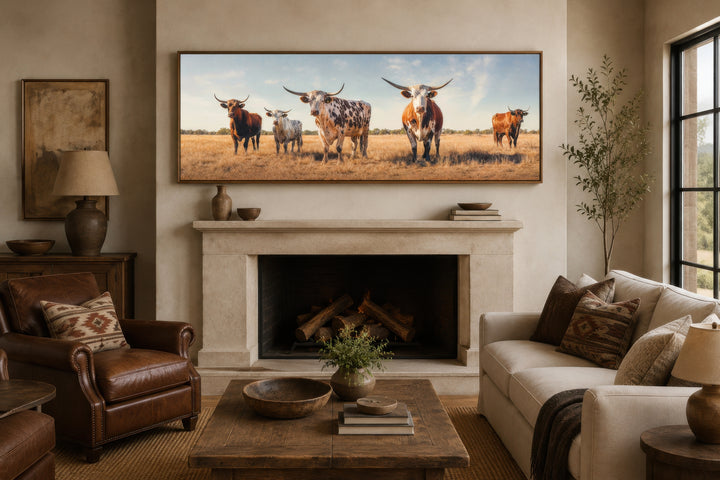 Panoramic framed canvas wall art of a Texas Longhorn herd displayed above a stone fireplace.