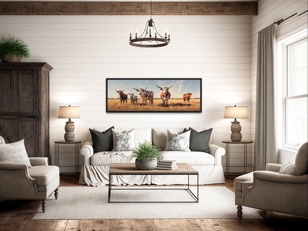 Herd of Texas Longhorn Cows Panoramic Framed Canvas Wall Art