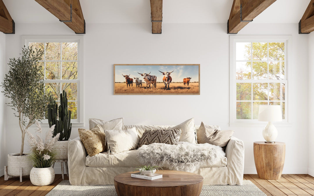 Herd of Texas Longhorn Cows Panoramic Framed Canvas Wall Art