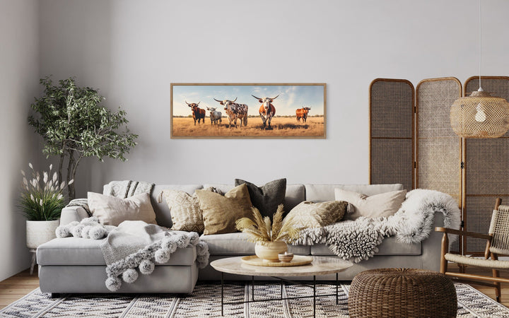 Herd of Texas Longhorn Cows Panoramic Framed Canvas Wall Art