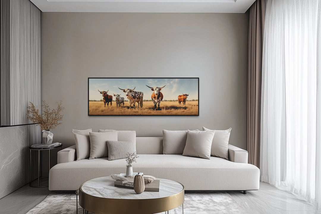 Herd of Texas Longhorn Cows Panoramic Framed Canvas Wall Art