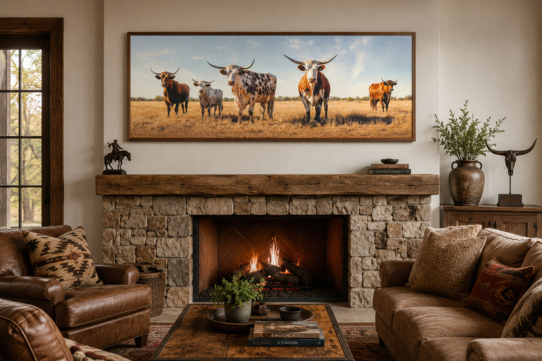 Panoramic framed canvas wall art of a Texas Longhorn cow herd above a rustic stone fireplace.