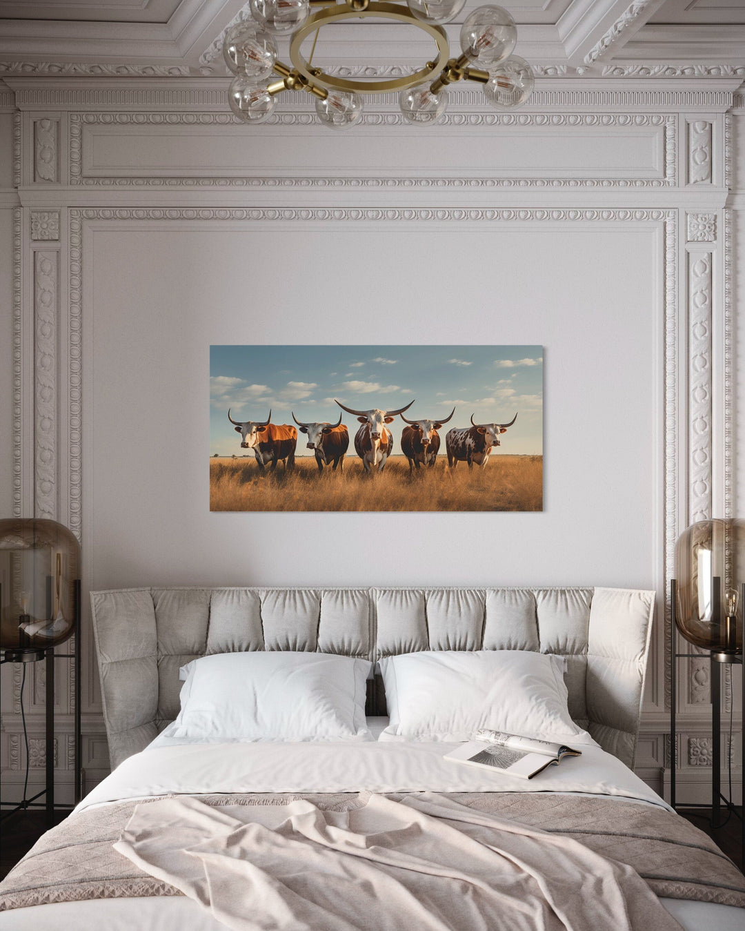 Herd of Texas Longhorns In The Field Framed Canvas Wall Art