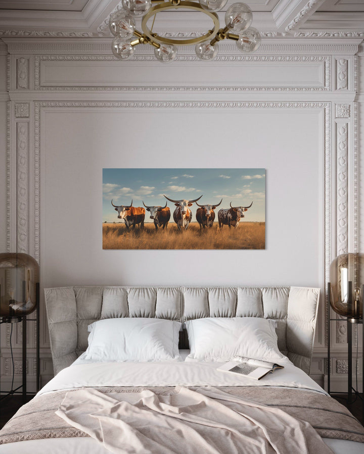 Herd of Texas Longhorns In The Field Framed Canvas Wall Art