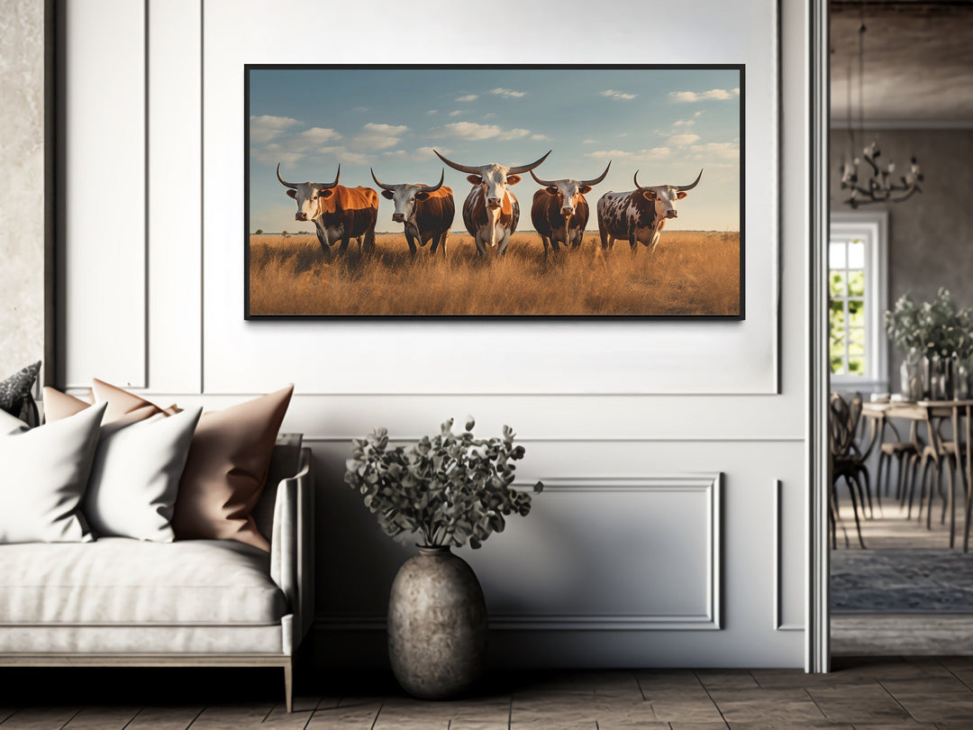 Herd of Texas Longhorns In The Field Framed Canvas Wall Art