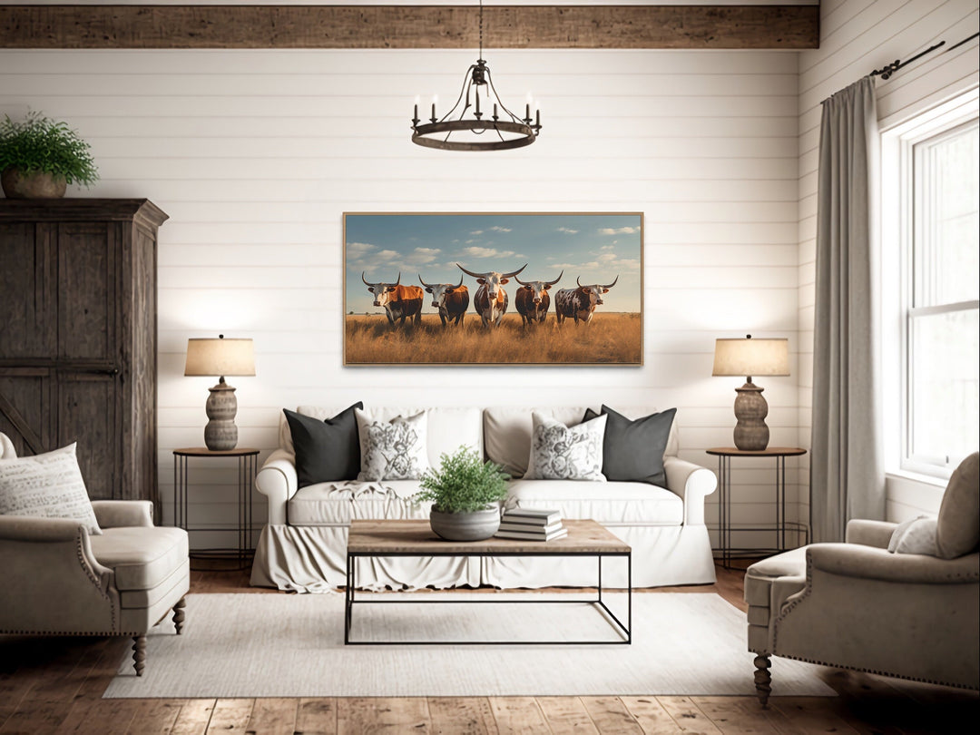 Herd of Texas Longhorns In The Field Framed Canvas Wall Art