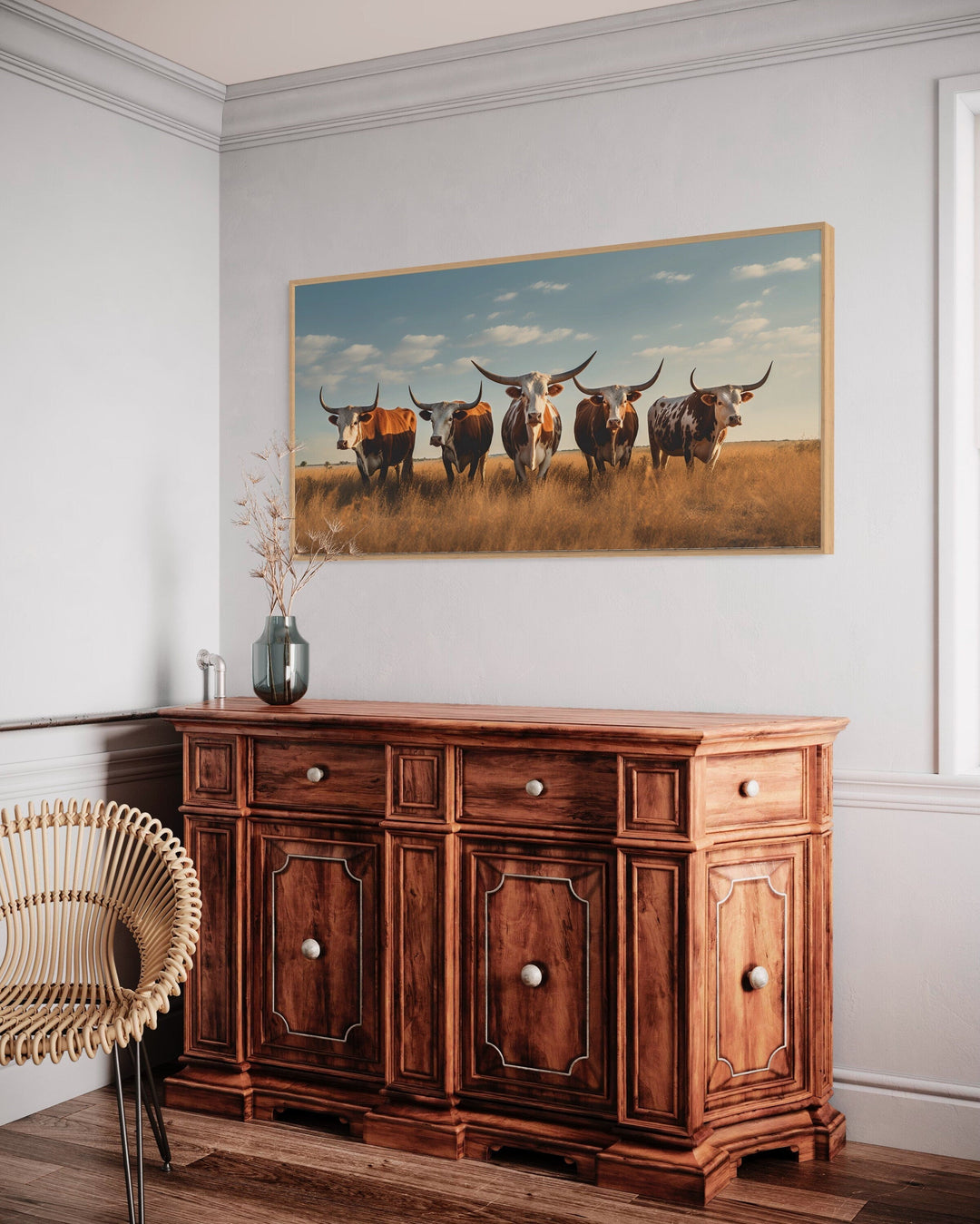 Herd of Texas Longhorns In The Field Framed Canvas Wall Art