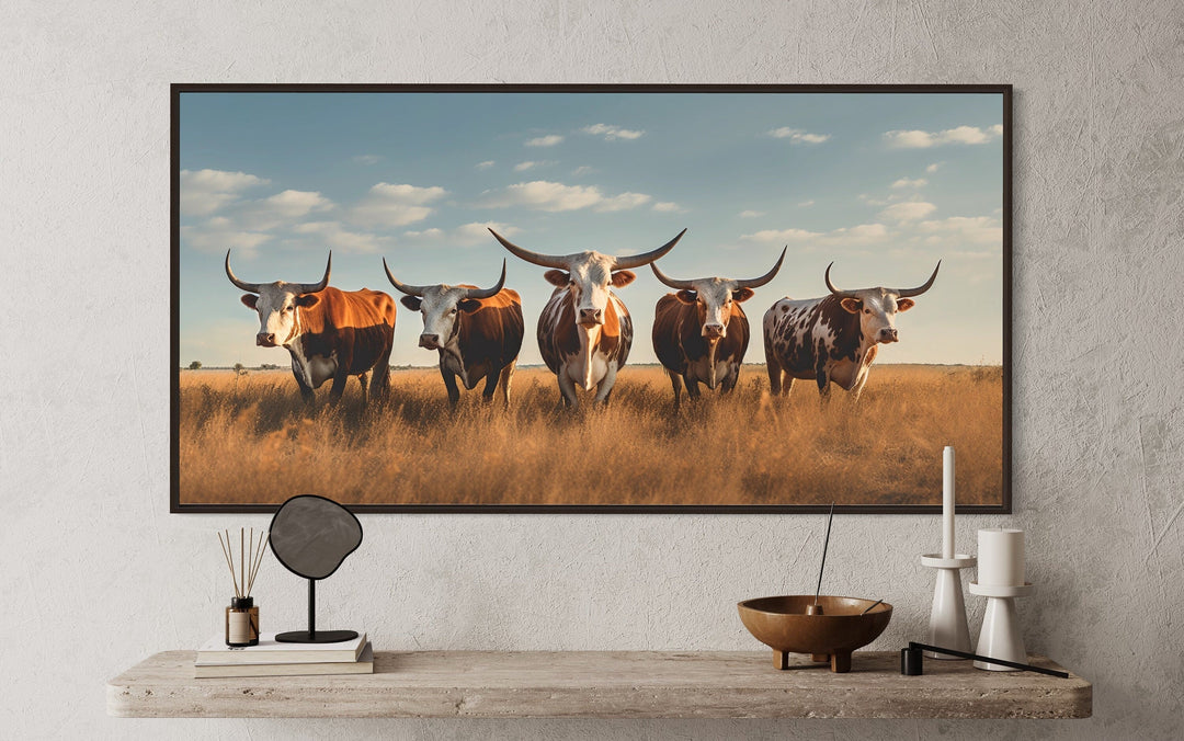 Herd of Texas Longhorns In The Field Framed Canvas Wall Art