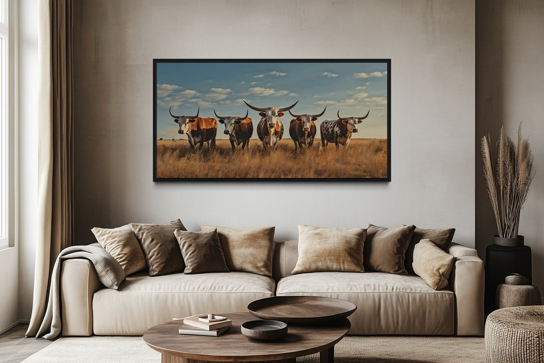 Herd of Texas Longhorns In The Field Framed Canvas Wall Art