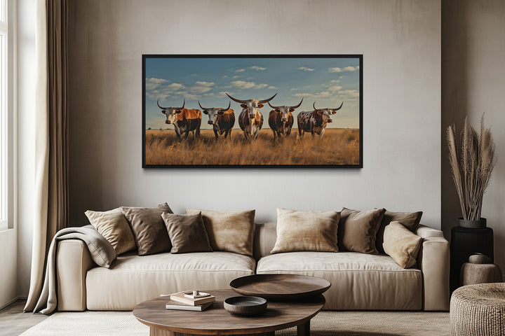 Herd of Texas Longhorns In The Field Framed Canvas Wall Art