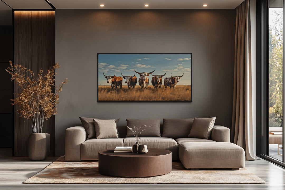 Herd of Texas Longhorns In The Field Framed Canvas Wall Art