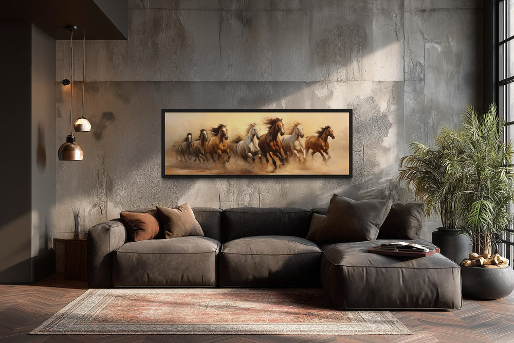 Herd of Wild Horses Running Panoramic Framed Canvas Wall Art