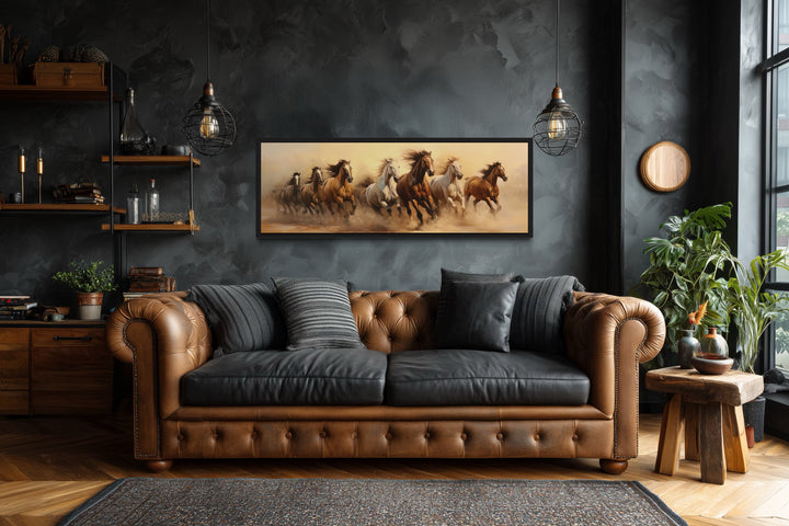 Herd of Wild Horses Running Panoramic Framed Canvas Wall Art