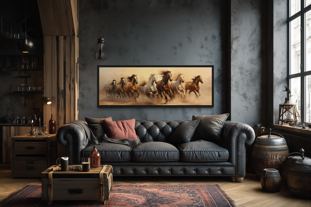 Herd of Wild Horses Running Panoramic Framed Canvas Wall Art