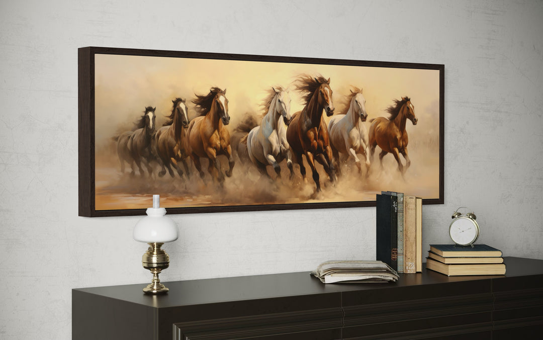 Herd of Wild Horses Running Panoramic Framed Canvas Wall Art