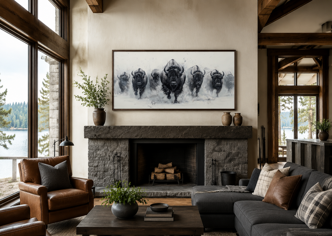 Herd of running bison in snow black and white framed canvas wall art above a stone fireplace.