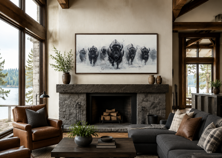 Herd of running bison in snow black and white framed canvas wall art above a stone fireplace.