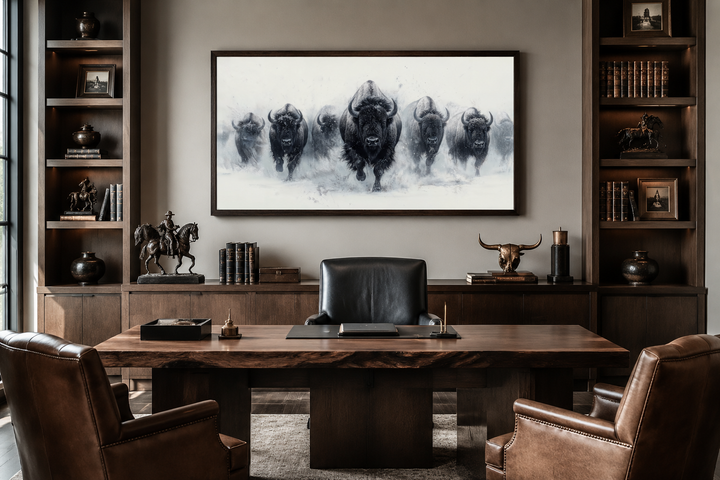 Black and white framed canvas wall art of a herd of bison running through snow in a home office.