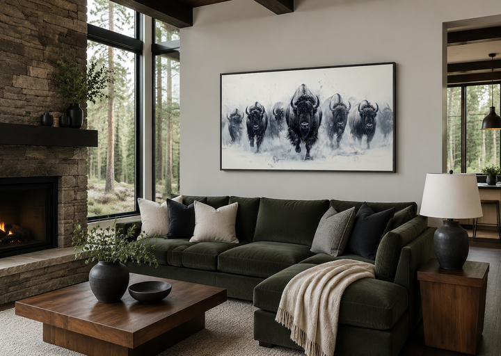 Black and white framed canvas wall art of a herd of bison running through snow in a living room.