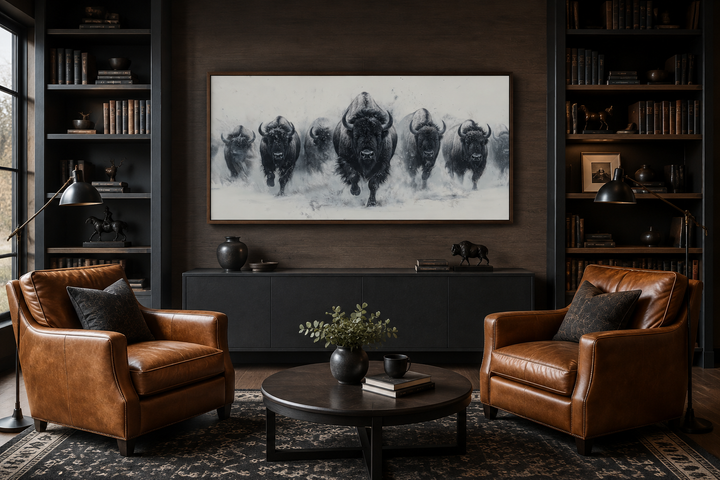 Black and white framed canvas art of a bison herd running in snow, displayed in a dark study.