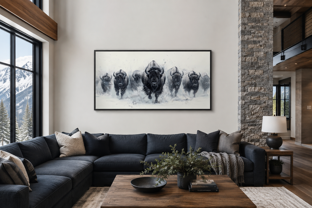 Black and white framed canvas wall art of a herd of bison running through snow in a living room.