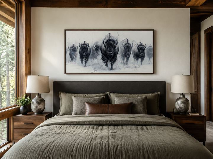 Black and white framed canvas wall art of a herd of bison running through snow above a bed.