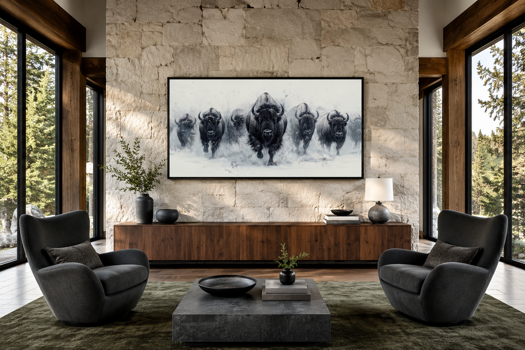 Black and white framed canvas wall art of a herd of bison running through snow in a modern room.