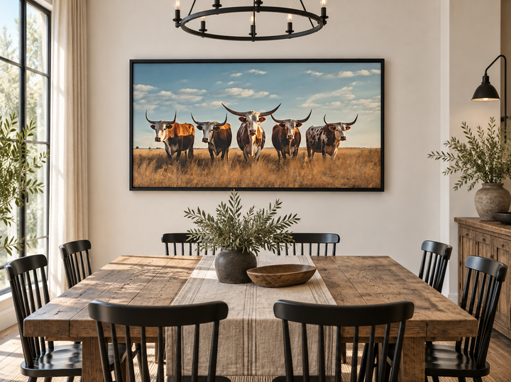 Herd of Texas Longhorns in a field framed canvas wall art hanging above a rustic dining table.
