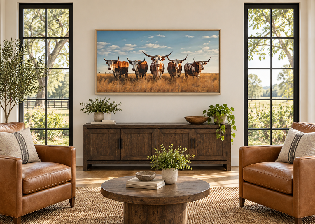 Framed canvas wall art of a Texas Longhorn herd in a sunlit field above a rustic wooden sideboard.